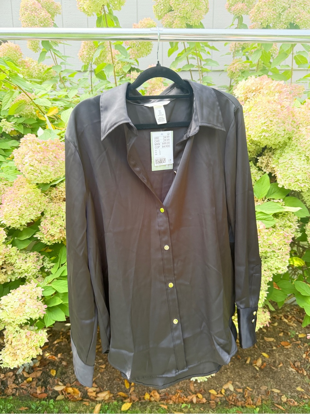 H&M Satin-Look Long Sleeve Dress Shirt in Dark Charcoal